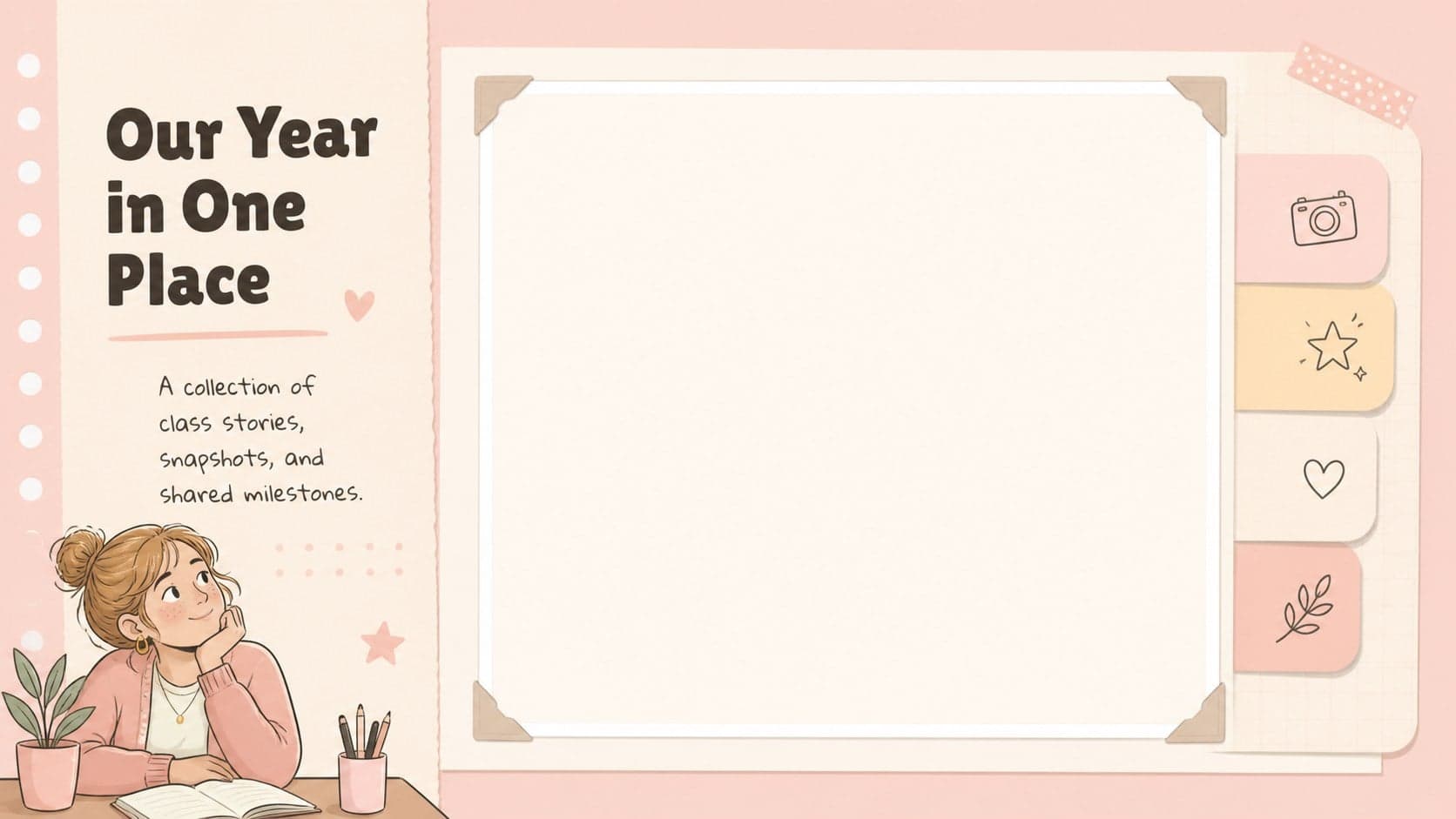 Welcome page introducing a classroom memory book project with soft pink illustrated accents.