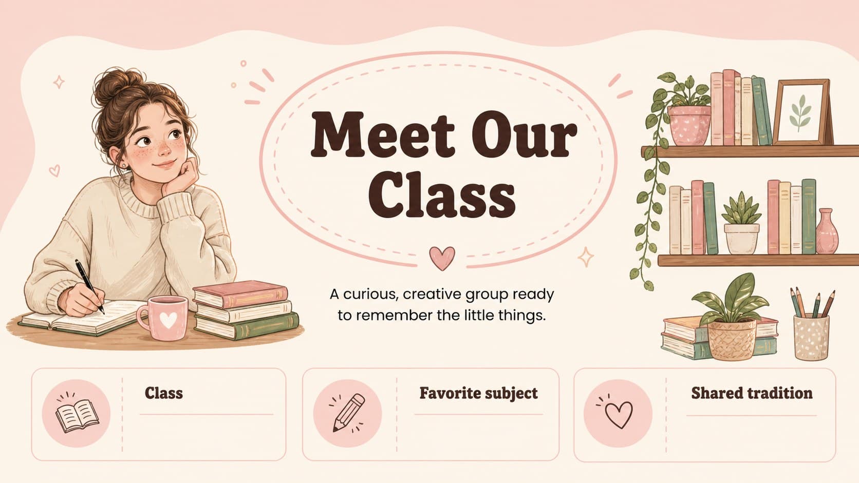 Class profile slide for an editable classroom memory book with illustrated school supplies.