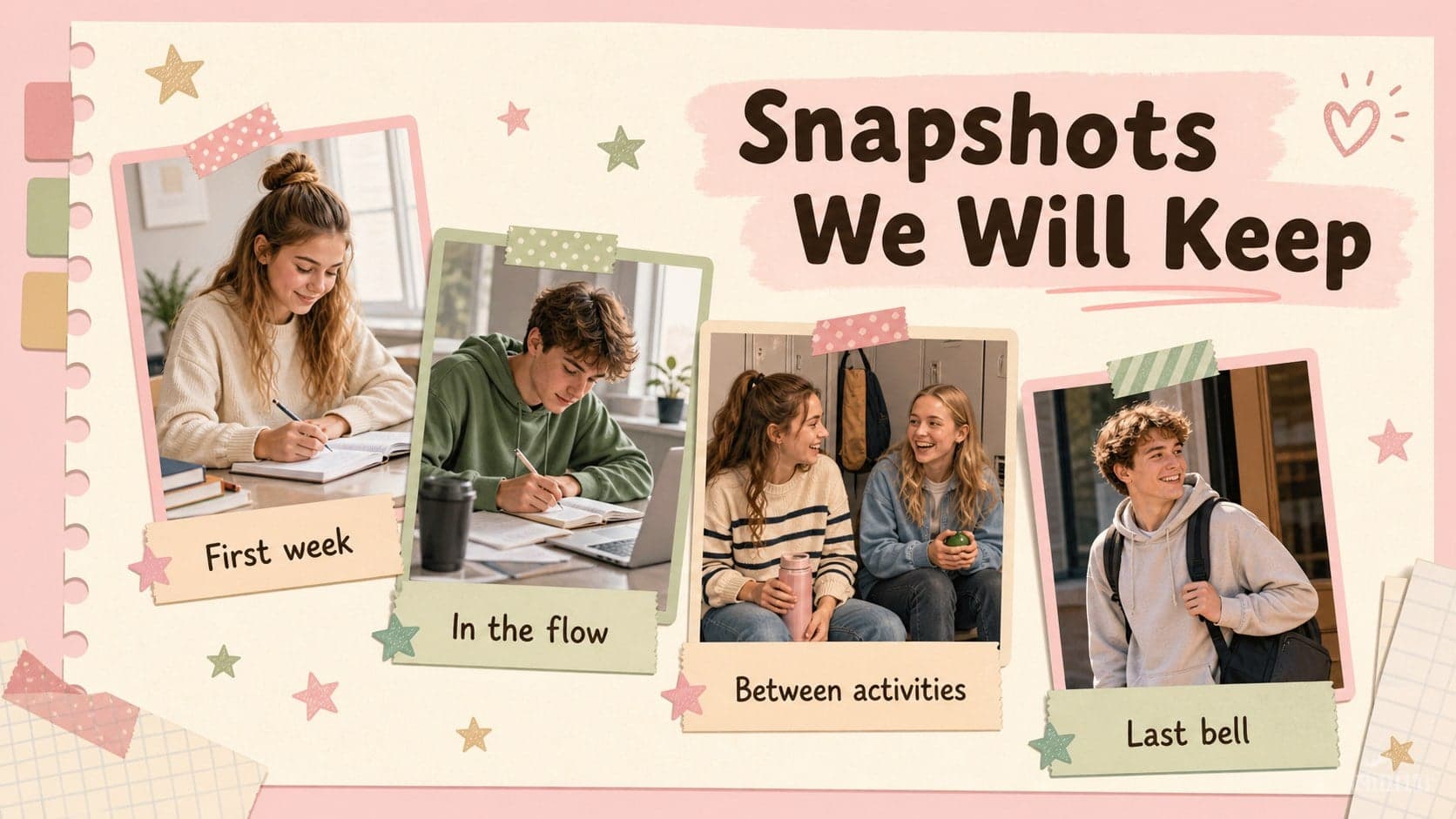 Photo collage layout for a pastel school memories presentation with playful scrapbook frames.