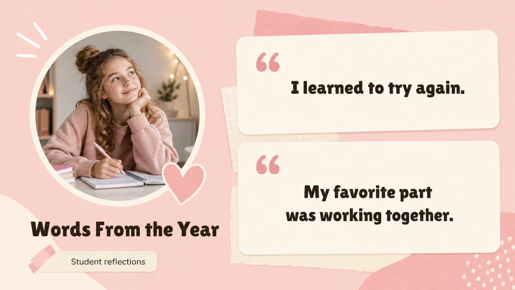 Student reflection slide for an end of year student slideshow template in a warm storybook style.