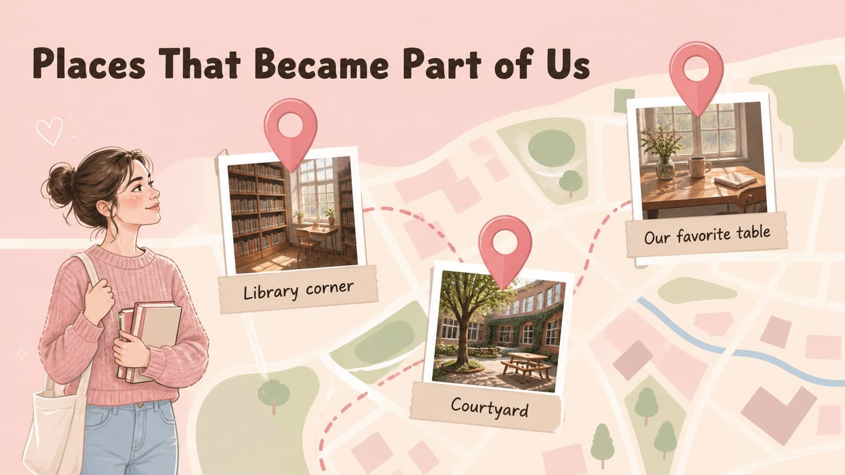 Favorite places collage in a pastel school memories presentation with map pins and photo frames.