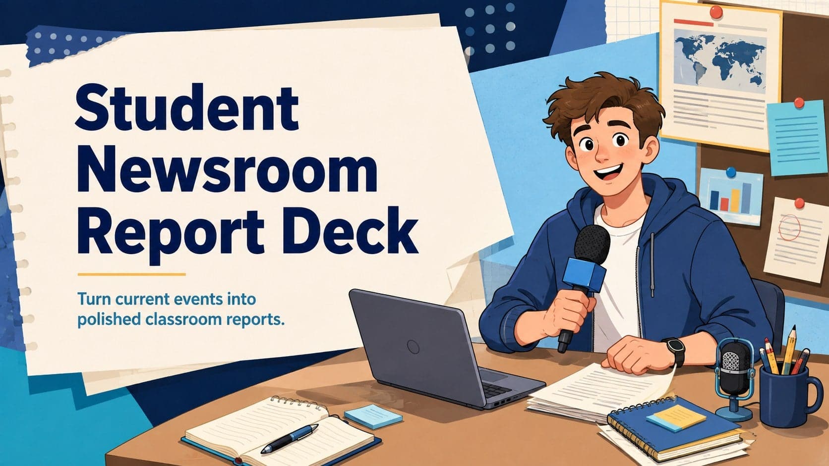 Blue illustrated cover for the Student Newsroom Report Deck with playful classroom journalism graphics.