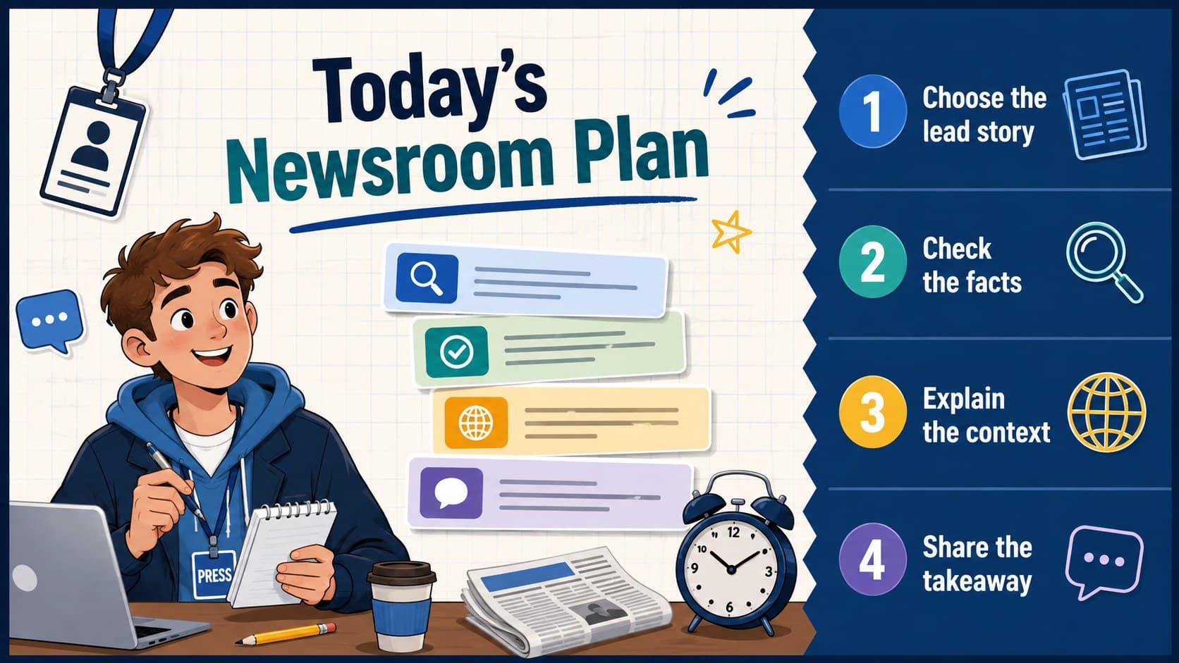 Student newsroom agenda slide outlining the stages of a classroom current events presentation.
