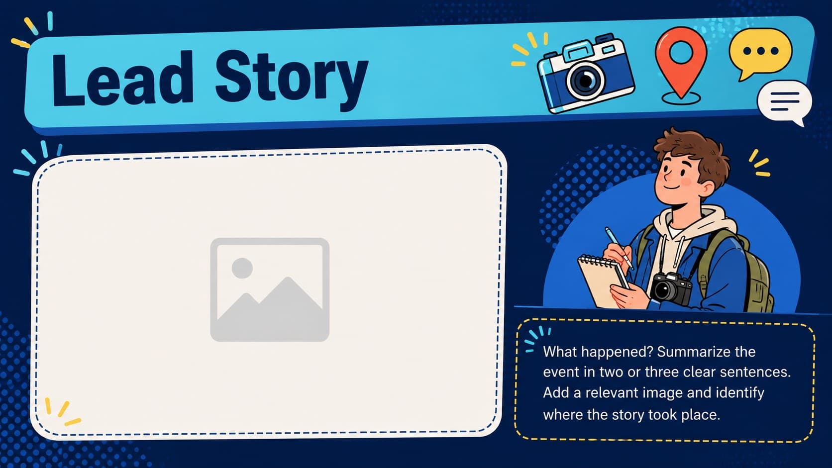 Illustrated school news report slide presenting a lead story headline and concise summary.