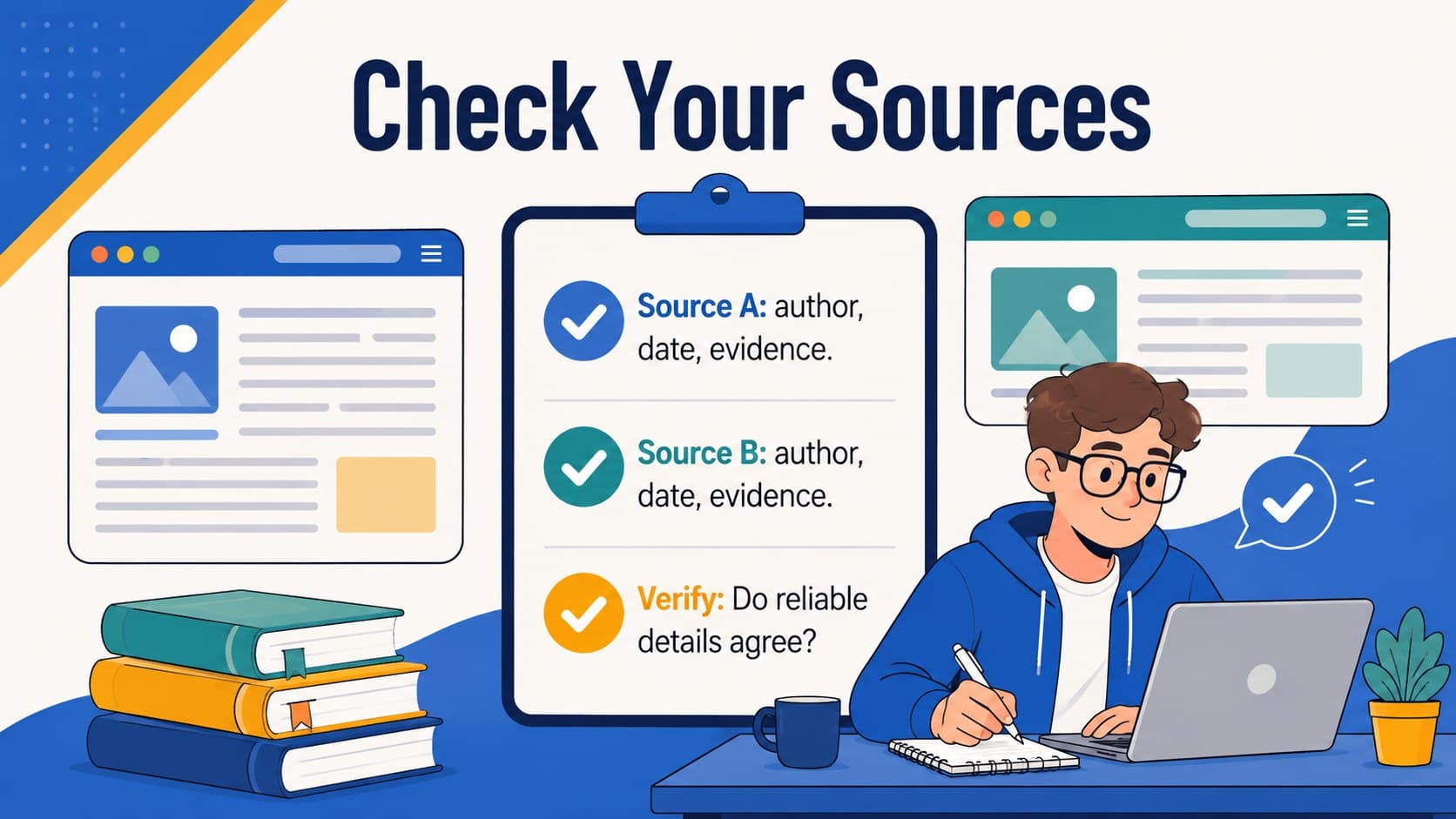 Classroom media literacy slide comparing two news sources with an illustrated checklist.