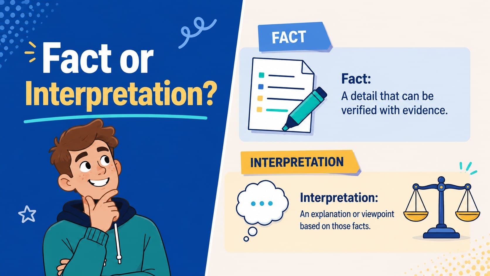 News literacy lesson presentation slide separating verified facts from personal interpretation.
