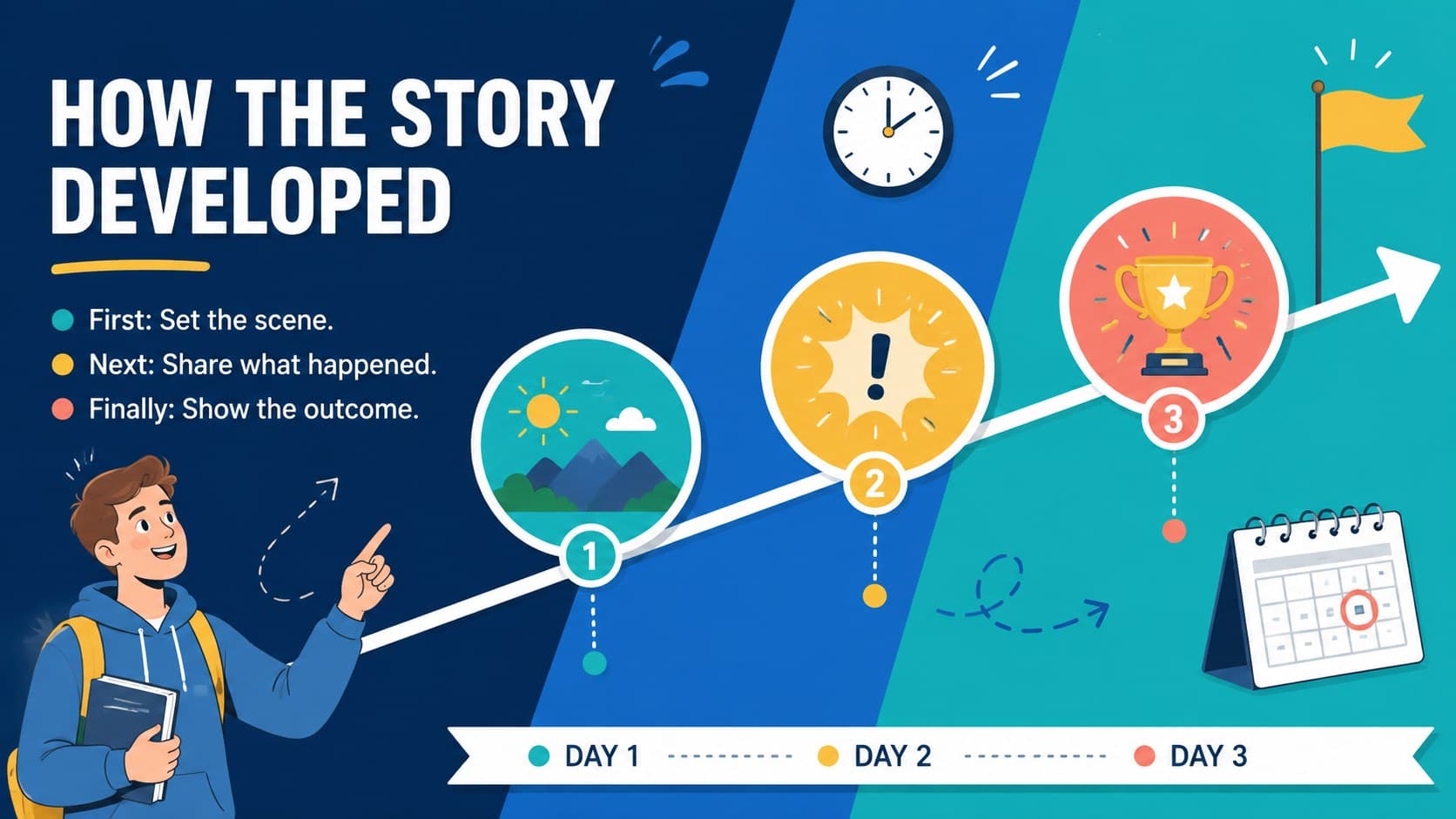 Current affairs project slide showing a three-stage timeline of events.