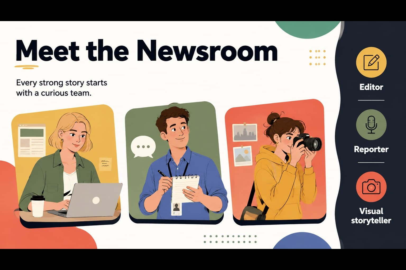 Illustrated student newsroom presentation slide introducing a classroom reporting team with colorful profile panels.