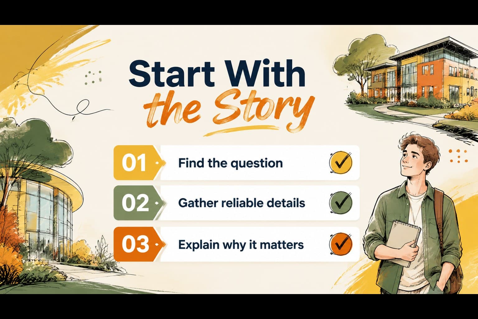 Colorful school journalism slide showing reporting goals and a visual checklist for student reporters.