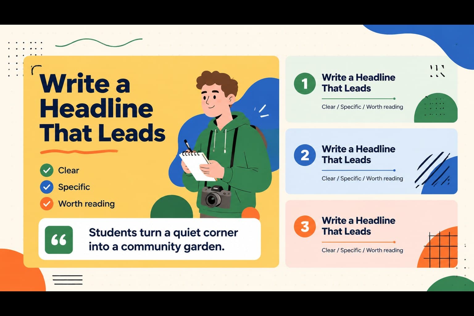 Student reporting slide featuring colorful headline options arranged like a school newspaper front page.