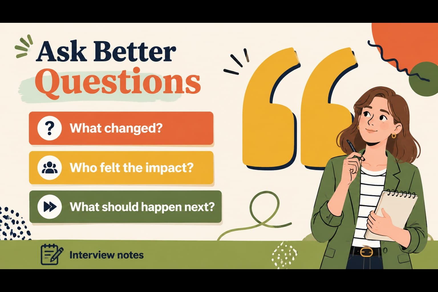 Illustrated interview presentation slide with colorful question cards and a student reporter feature.