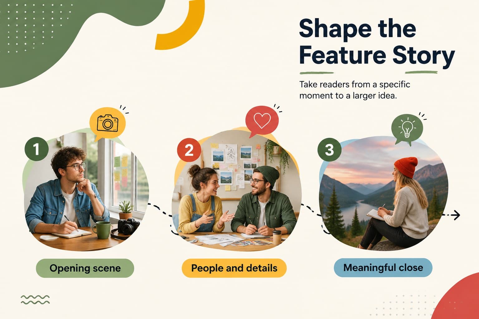 Colorful feature story presentation slide showing a visual narrative path from opening scene to conclusion.