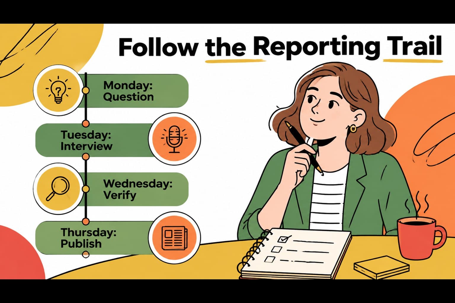 Illustrated campus news slide presenting a reporting timeline with colorful dates, milestones, and newsroom notes.