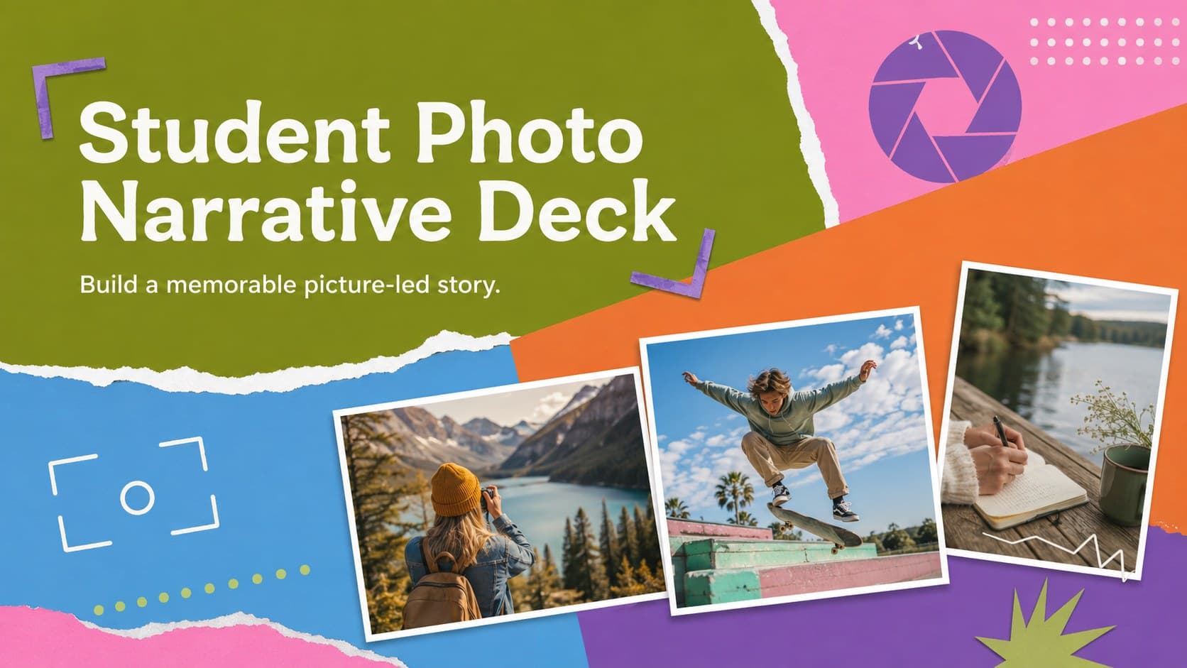 Colorful cover for a Student Photo Narrative Deck with a bold title, photo collage, and vibrant classroom presentation styling.