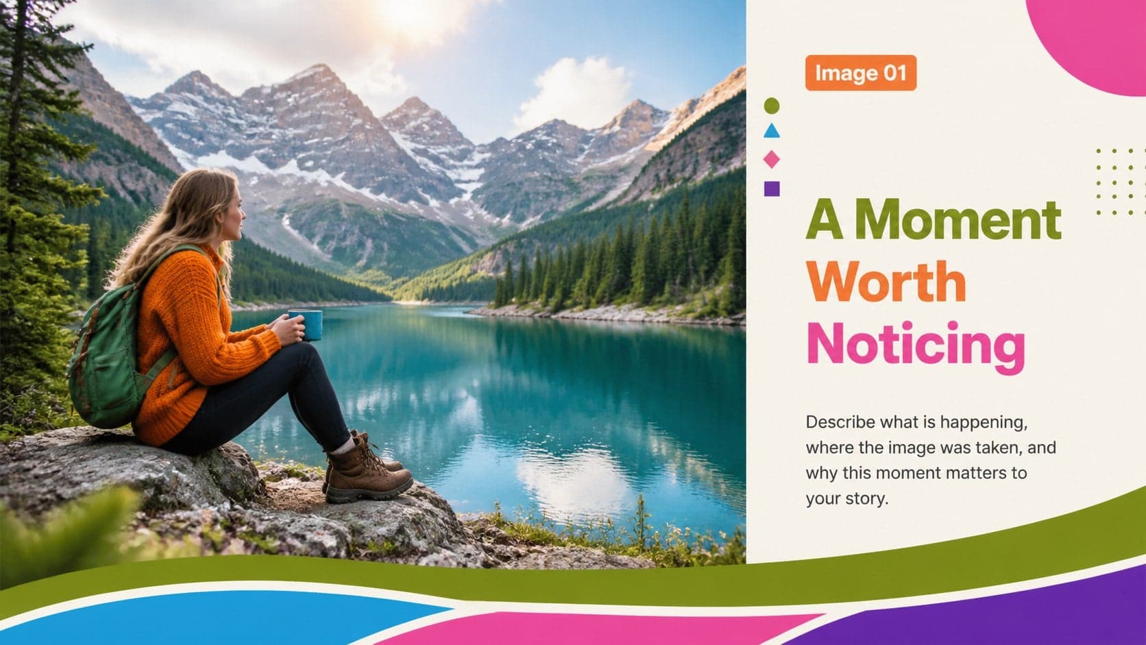 Image-and-caption layout from a photo narrative presentation for school featuring a large photograph and student reflection text.