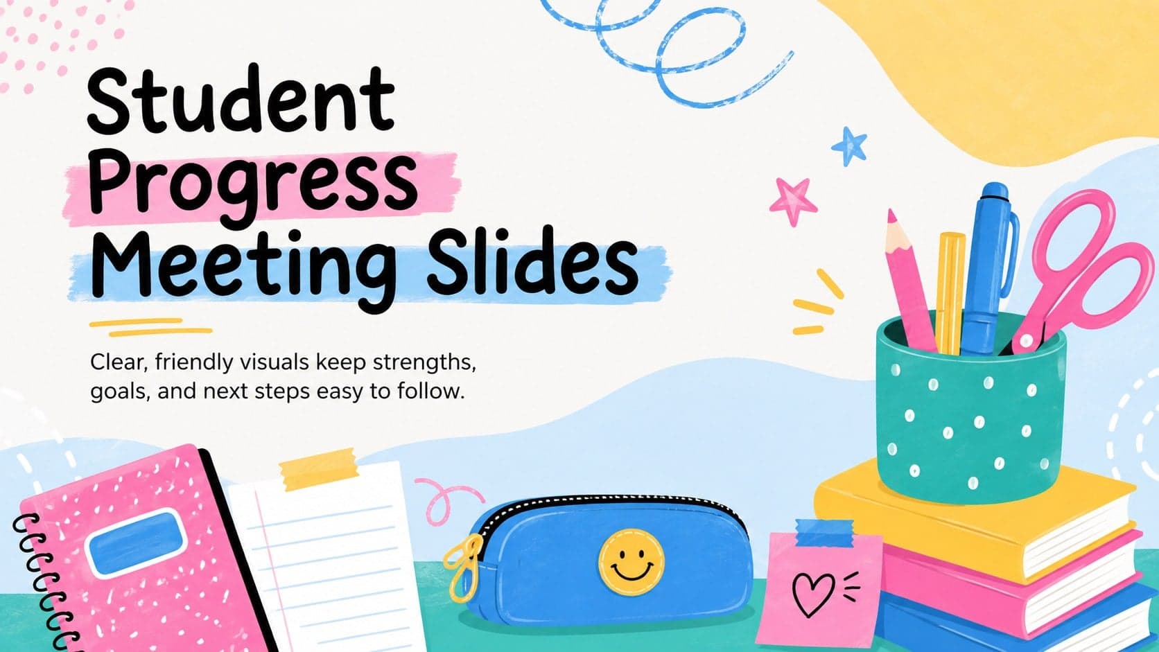Colorful illustrated cover for Student Progress Meeting Slides with friendly school-themed graphics.