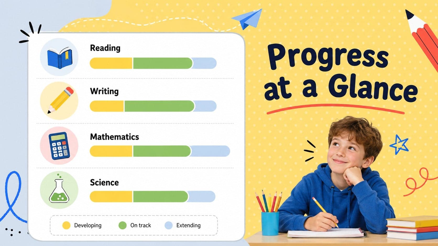 Academic progress dashboard with editable reading, writing, mathematics, and science indicators.