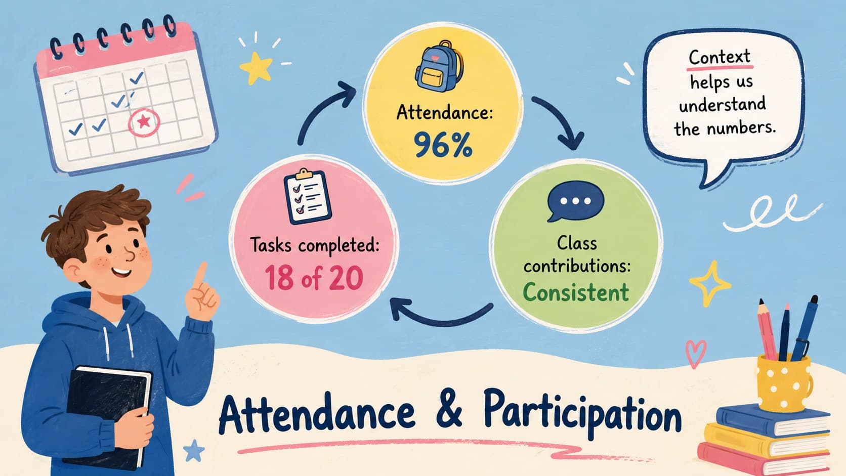Attendance and classroom participation slide for a student progress meeting presentation.