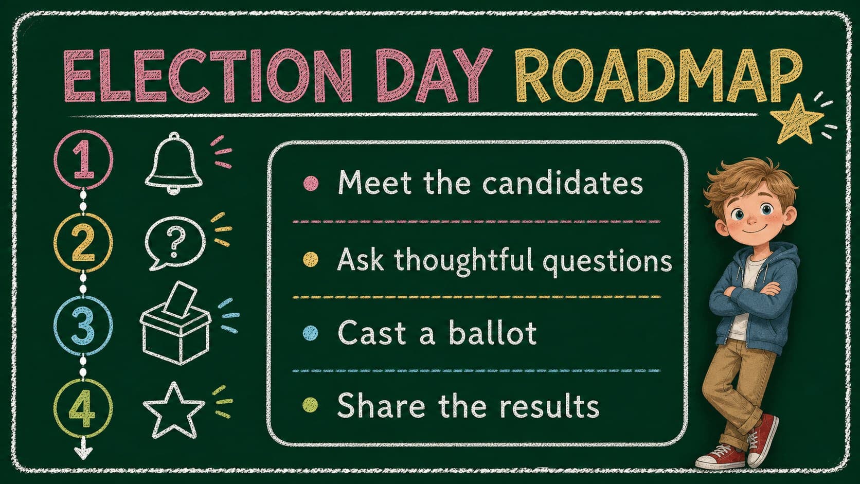 Chalkboard agenda slide outlining the steps in a student representative classroom election.