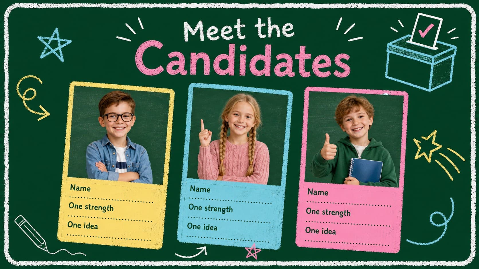 Candidate introduction layout for a classroom voting presentation with chalkboard illustrations.