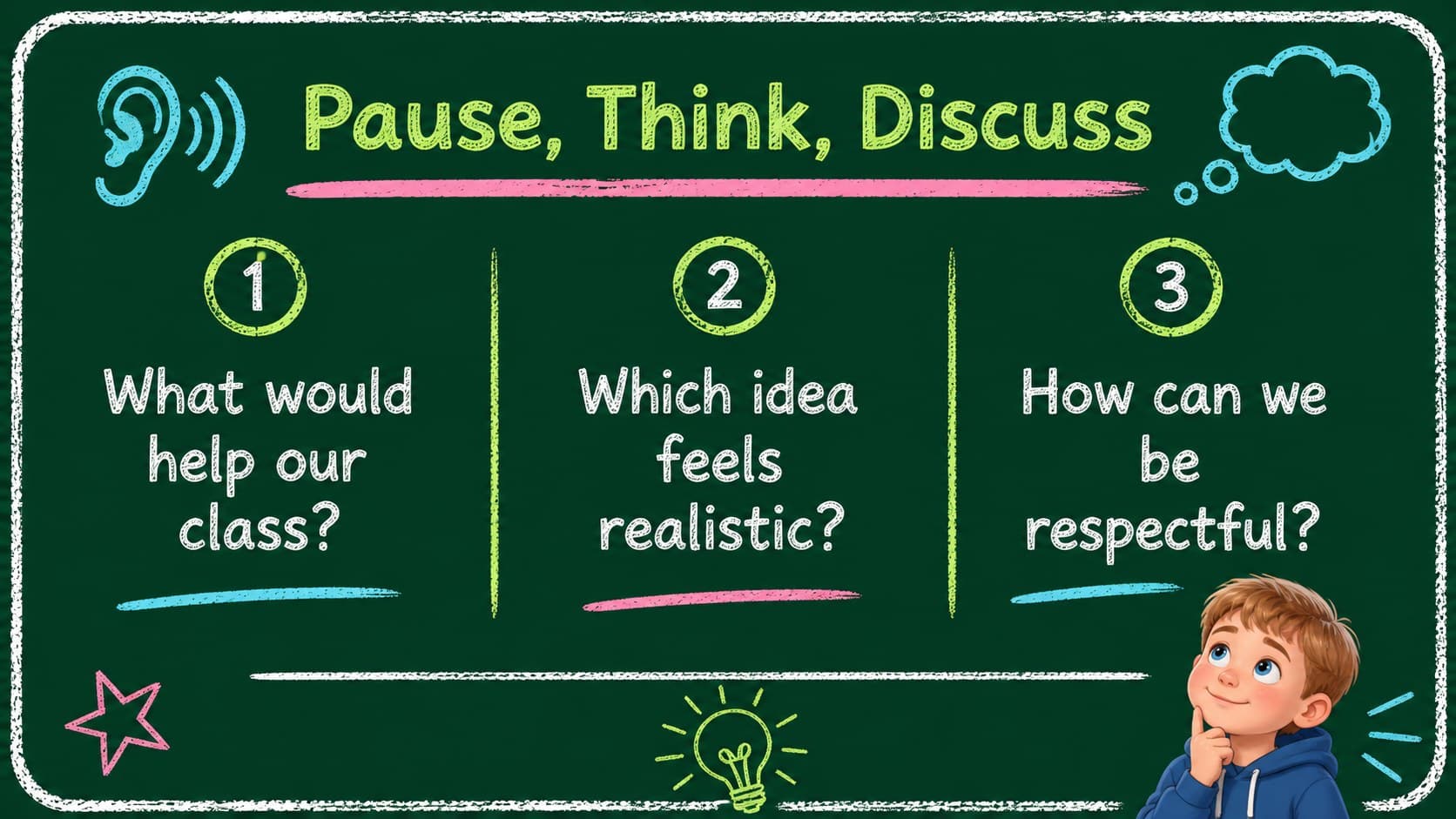 Classroom discussion slide with chalkboard prompts for comparing student representative ideas.