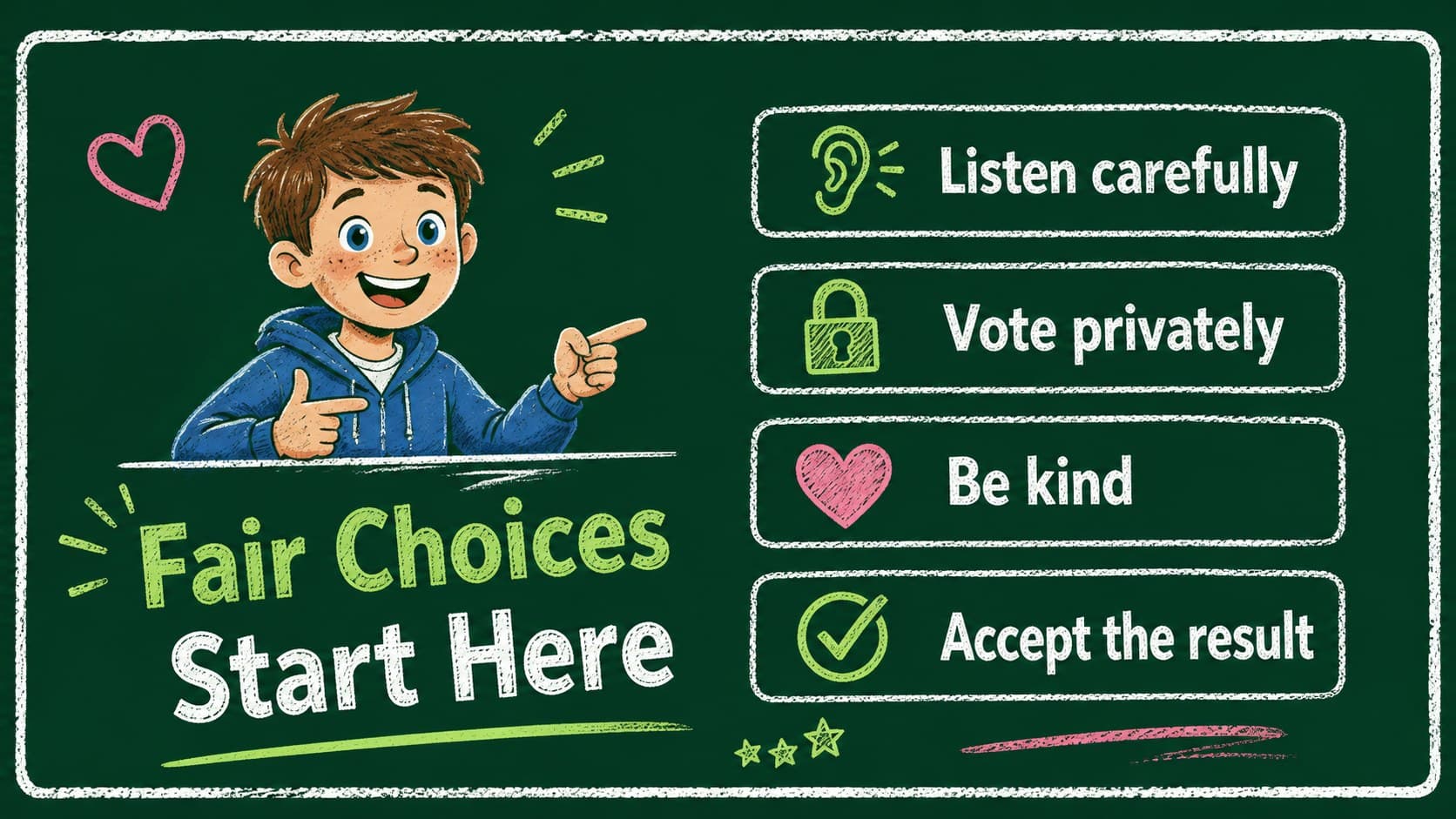 Green chalkboard slide listing fair and respectful election rules for young voters.