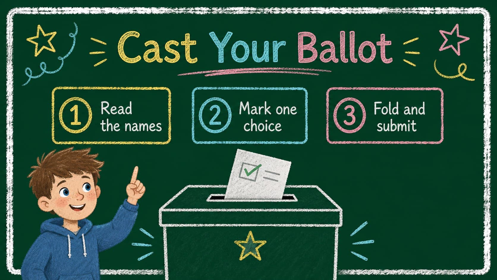Ballot instruction slide showing clear steps for a class delegate voting activity.