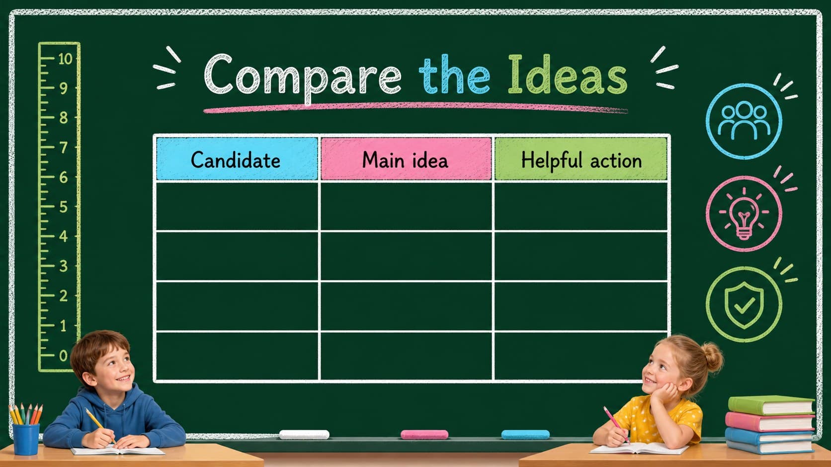 Editable candidate comparison slide for an elementary school election presentation.