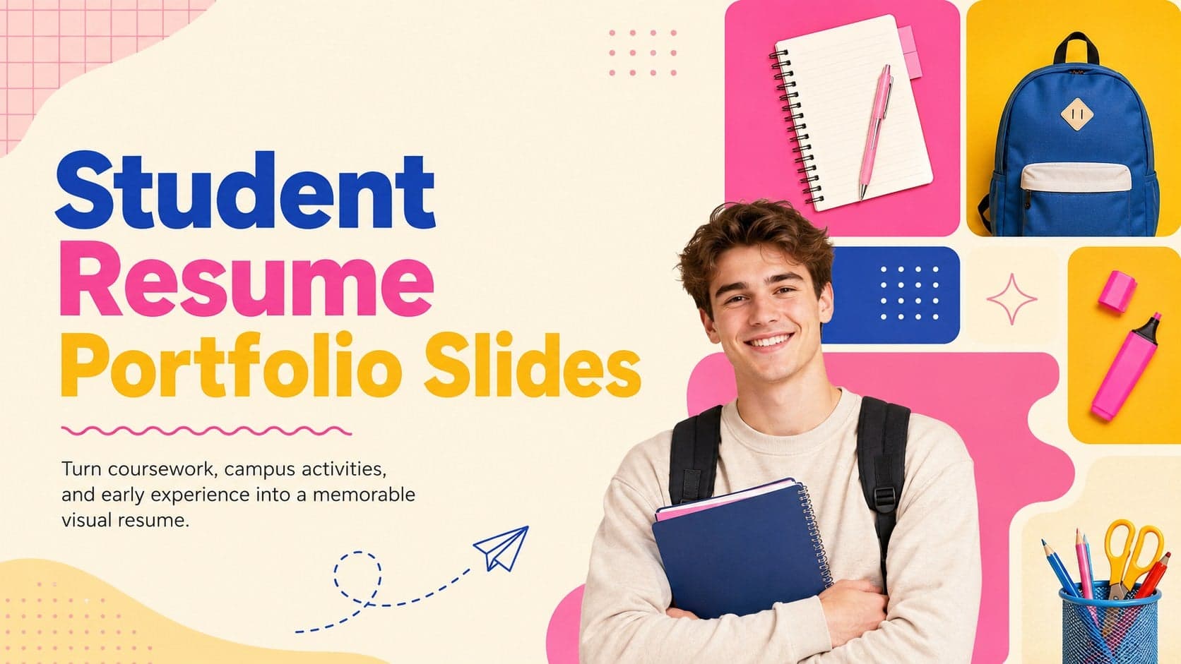Cover for Student Resume Portfolio Slides featuring a playful beige and pink grid layout.