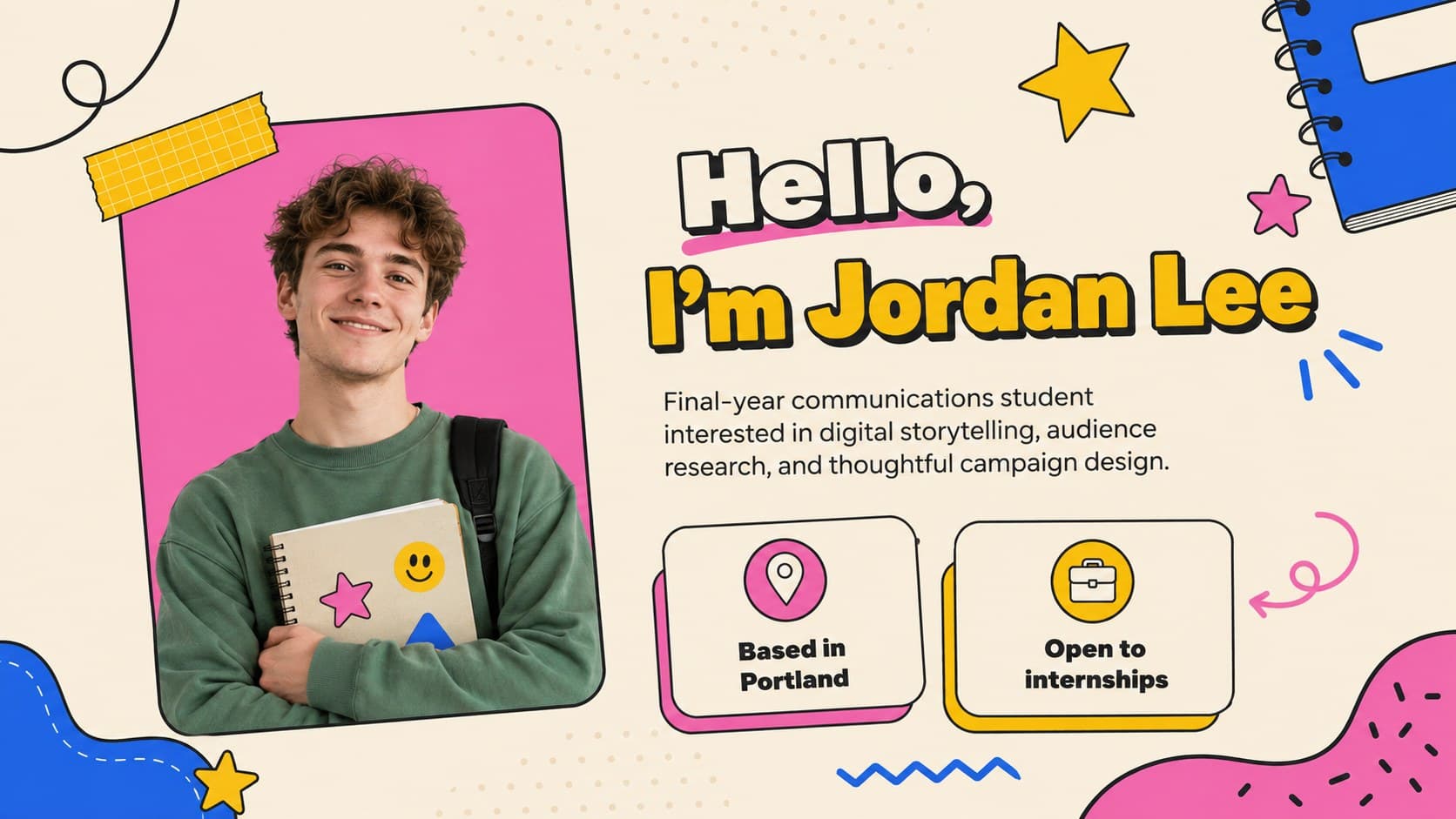 Student resume portfolio profile slide with a short introduction and personal strengths.