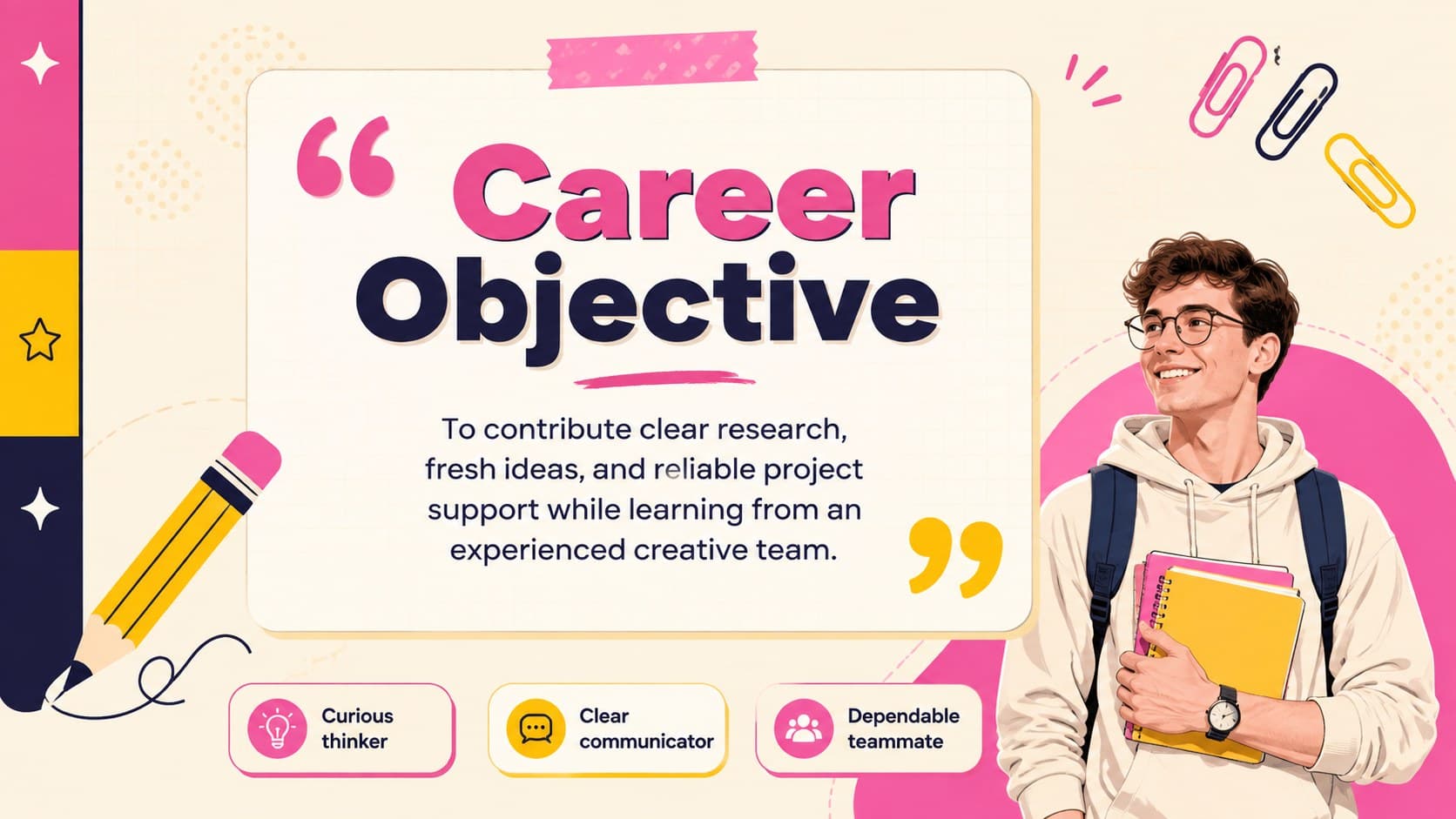 Career objective page from a student internship resume presentation in beige and pink.