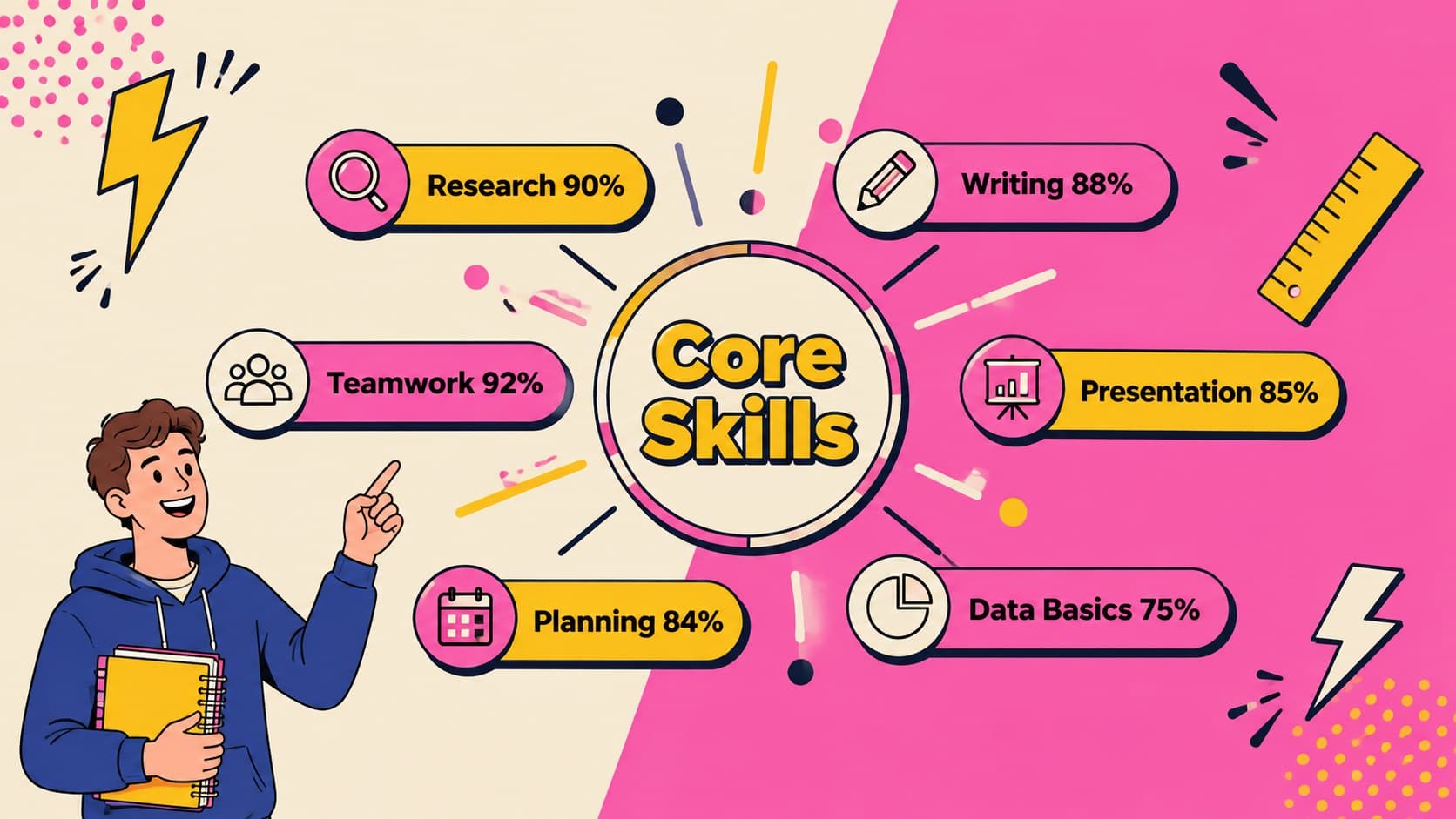 Skills overview in a beige pink student resume template with visual proficiency indicators.