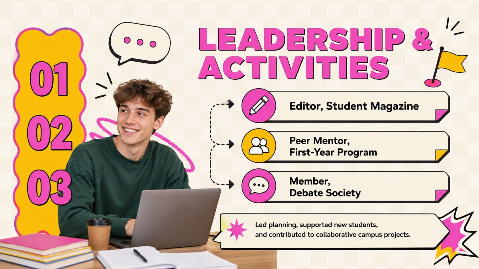 Campus leadership slide within an editable internship application presentation.