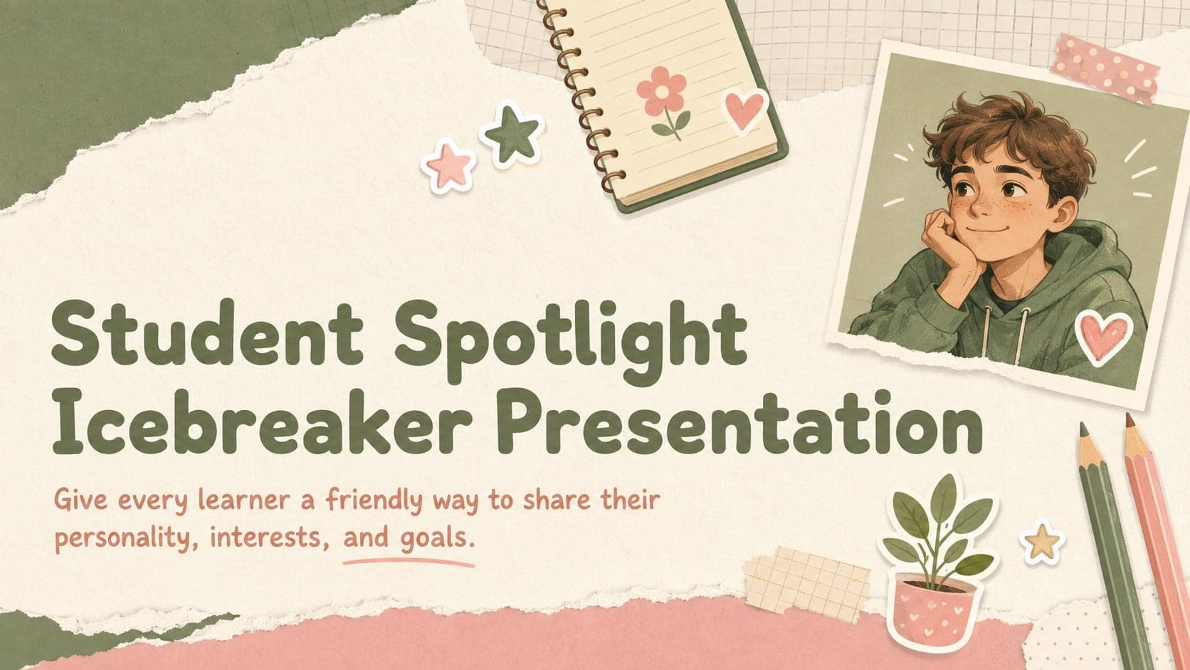 Cover for a Student Spotlight Icebreaker Presentation with playful green, beige, and pink classroom illustrations.