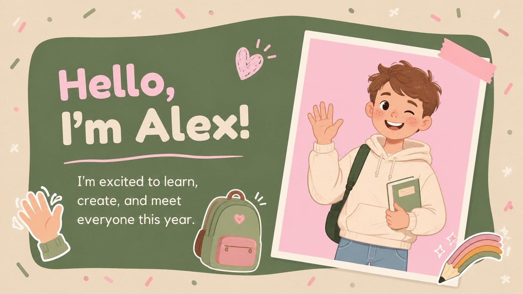 Cheerful meet the student presentation slide with a portrait area and a short personal greeting.