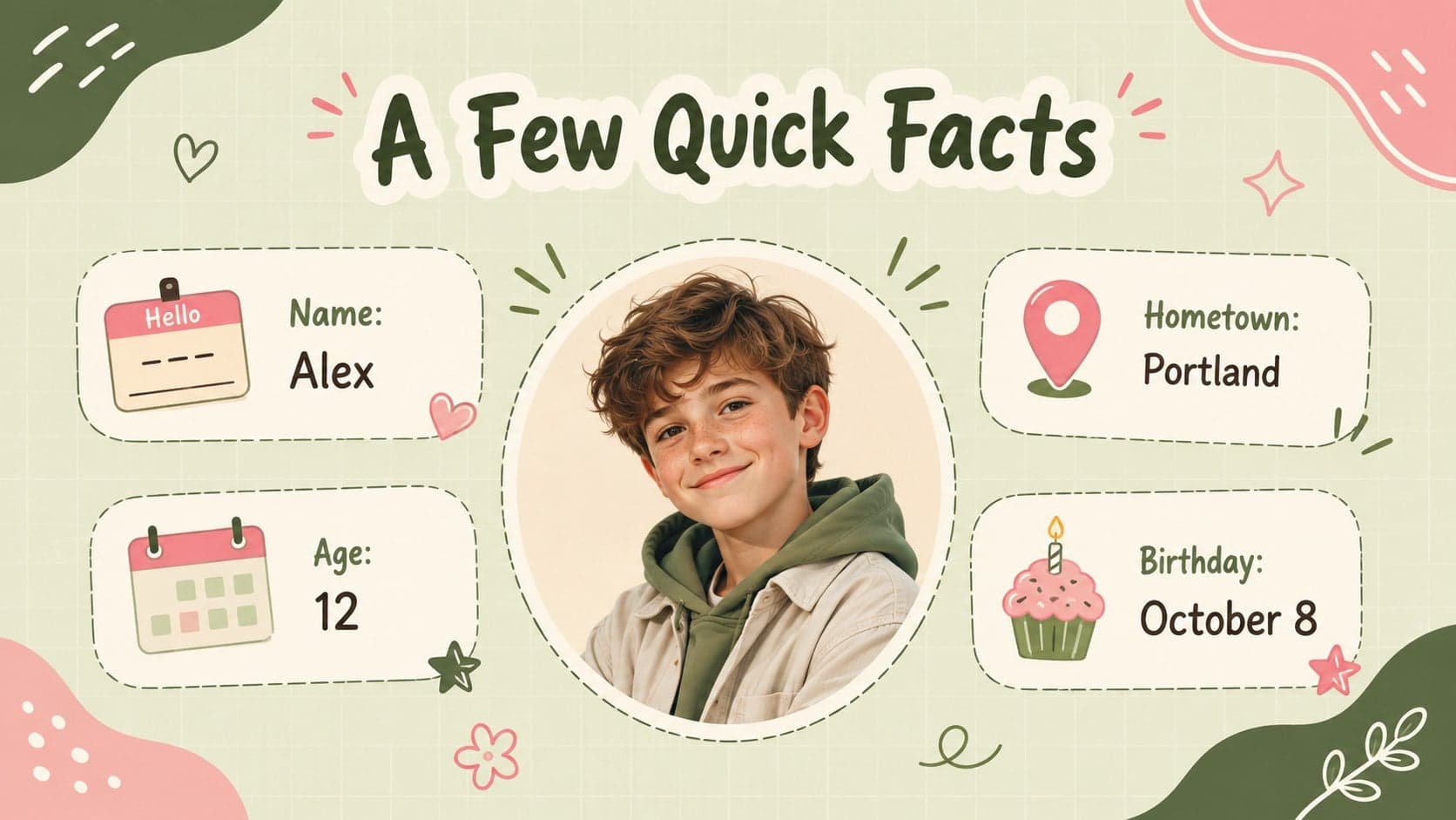 Student profile slideshow page presenting quick facts in colorful illustrated labels.