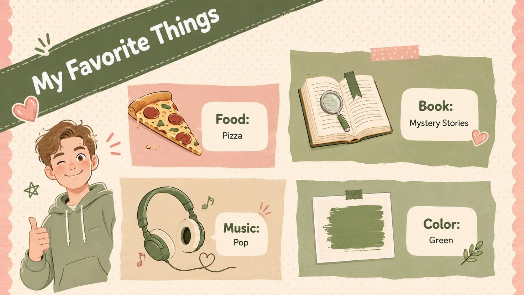 Editable about me slideshow for students featuring favorite food, book, music, and color.