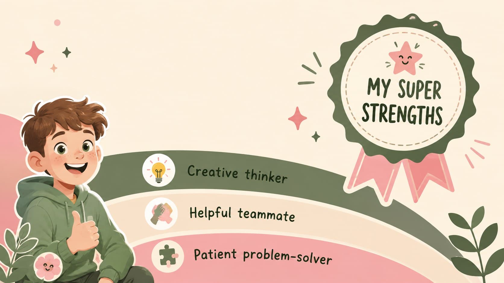 Cute student spotlight slide describing personal strengths with green and pink illustrations.