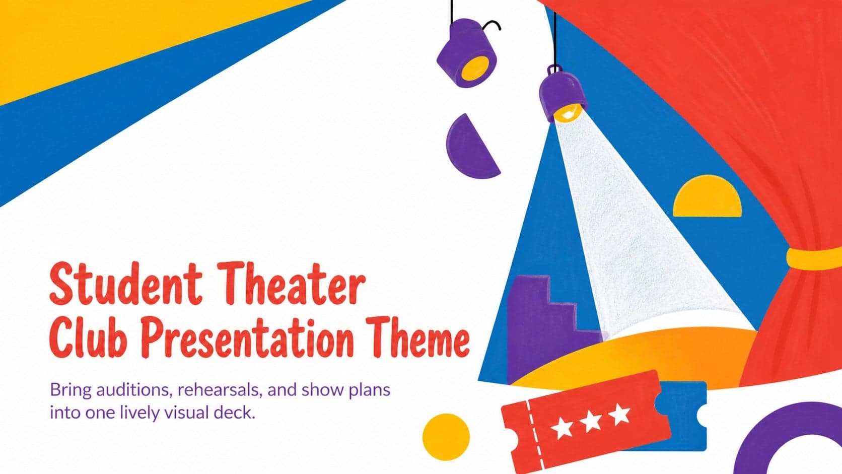 Cover for a student theater club presentation theme with bright geometric stage-inspired graphics.