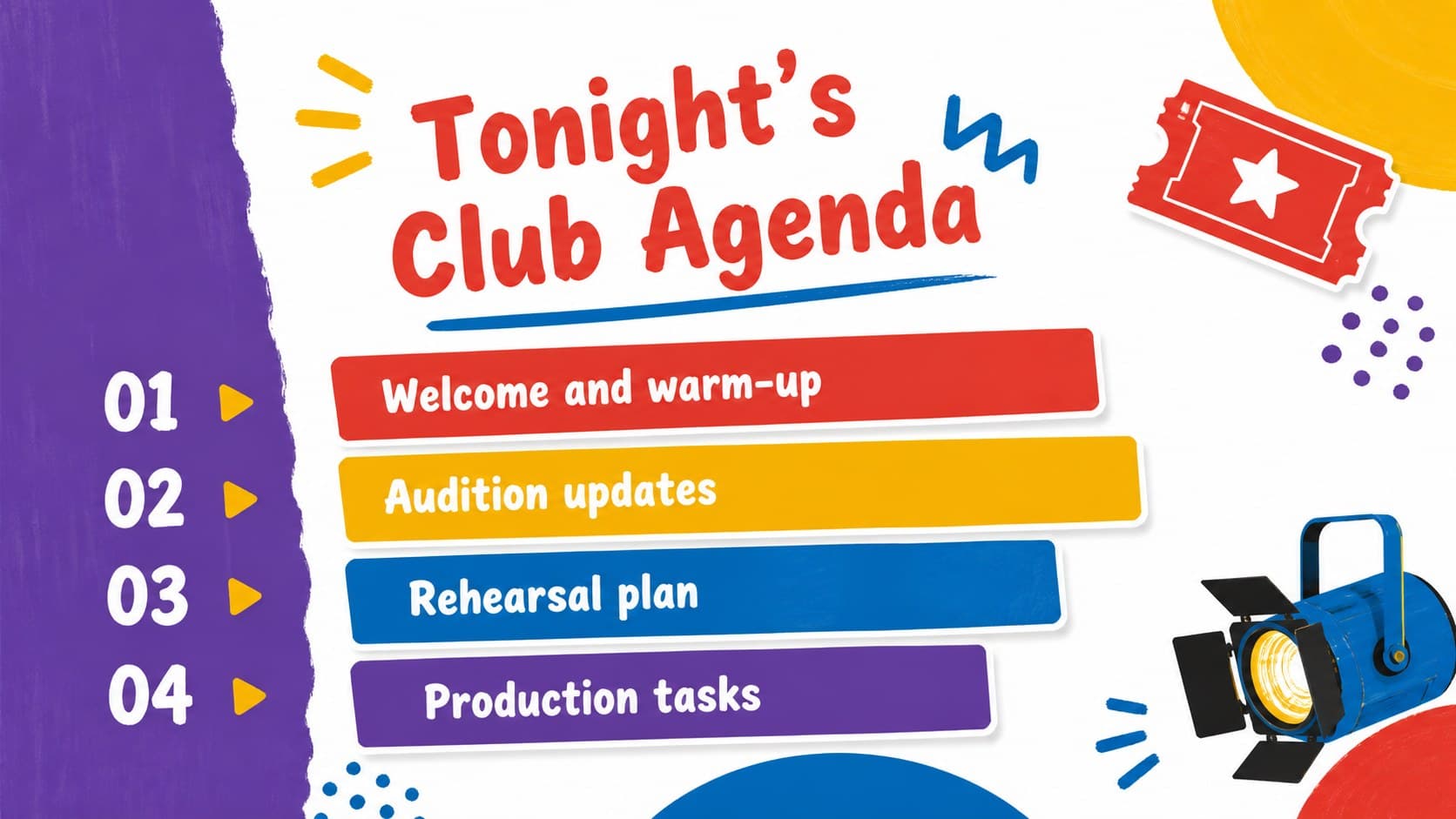 Colorful drama club meeting slides showing an agenda for auditions, rehearsals, and production planning.