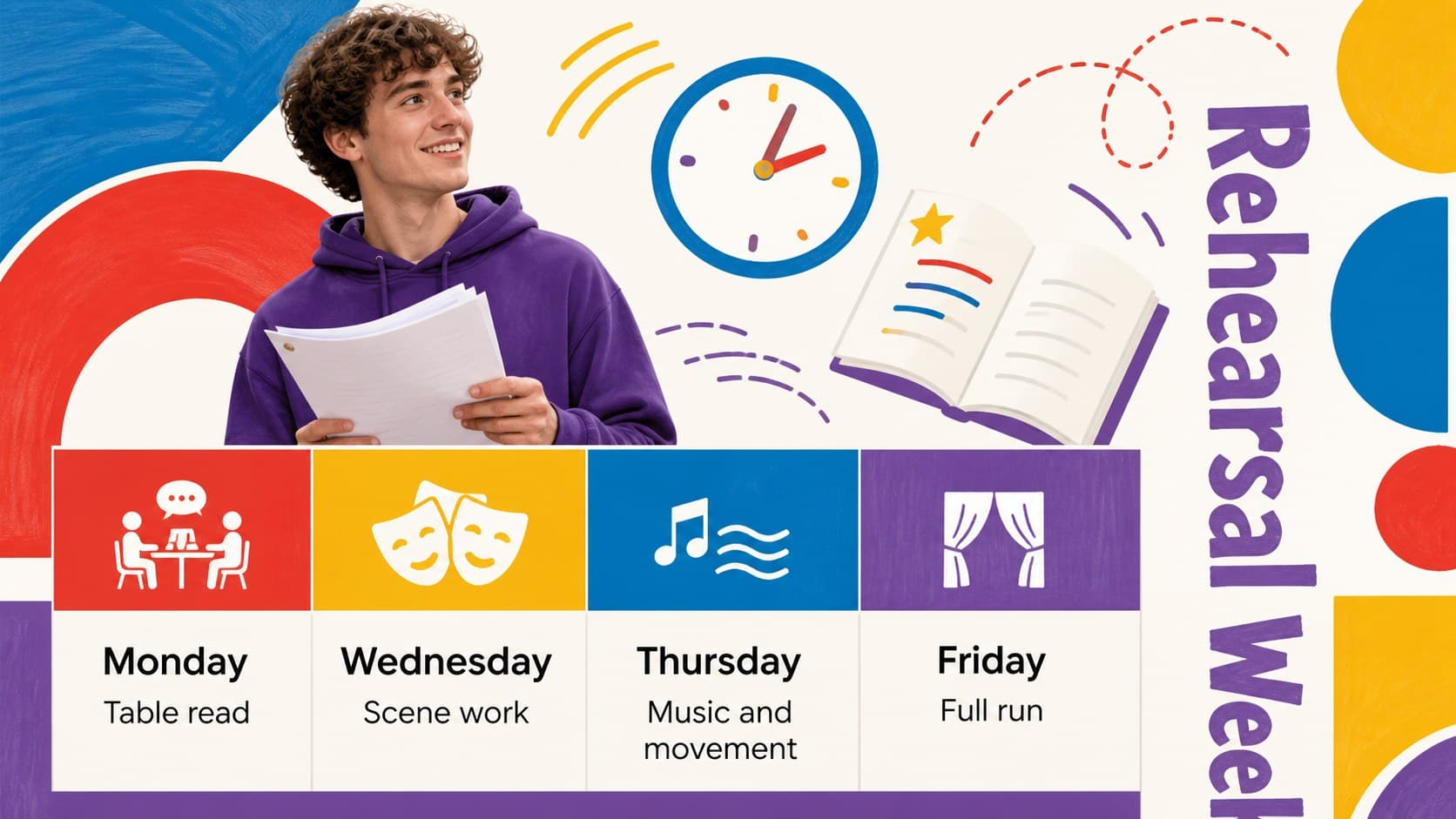 School theater rehearsal presentation slide organizing weekly practice sessions in a colorful timetable.