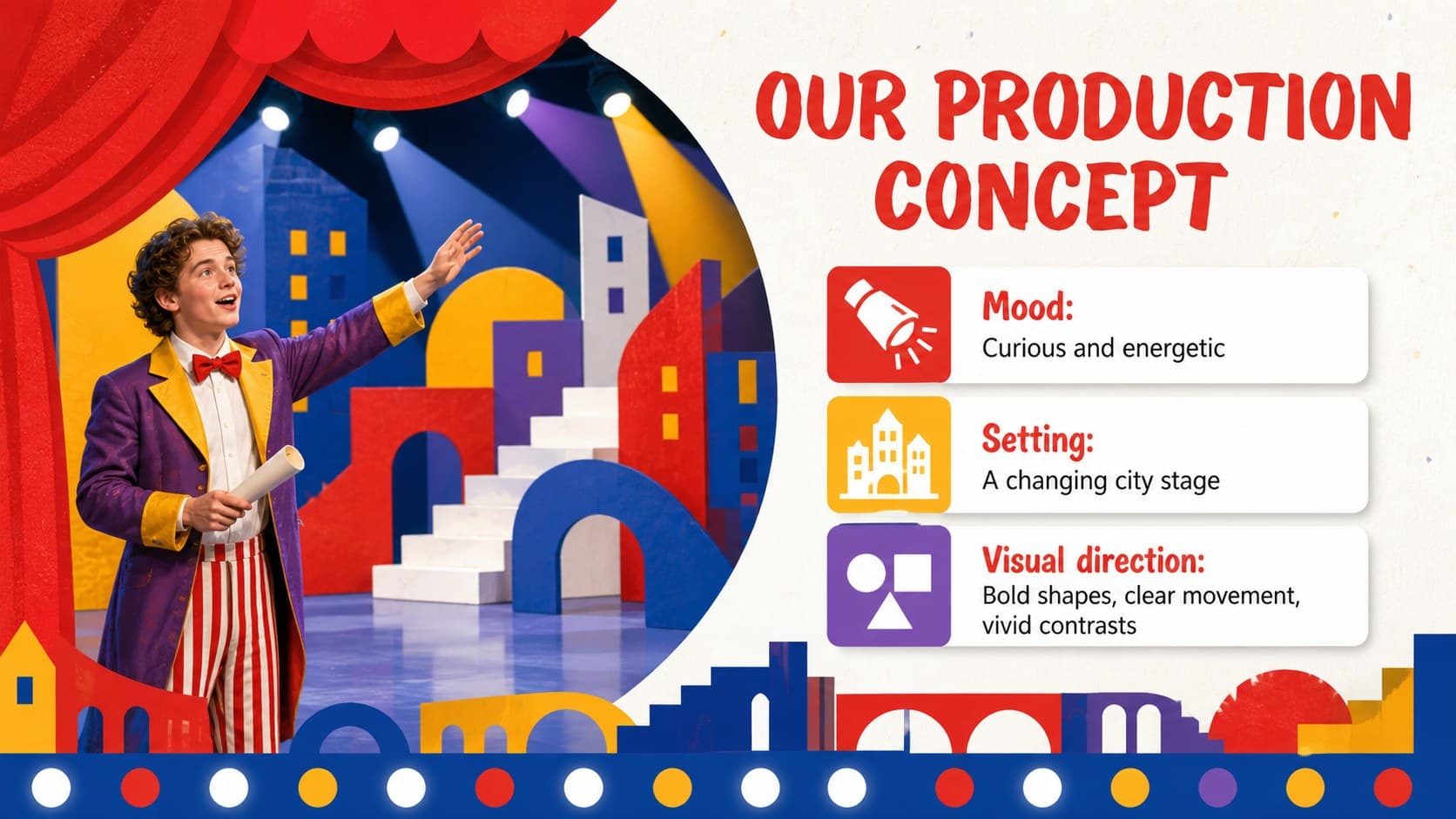 School play production slide presenting a dramatic concept through mood, setting, and visual direction.