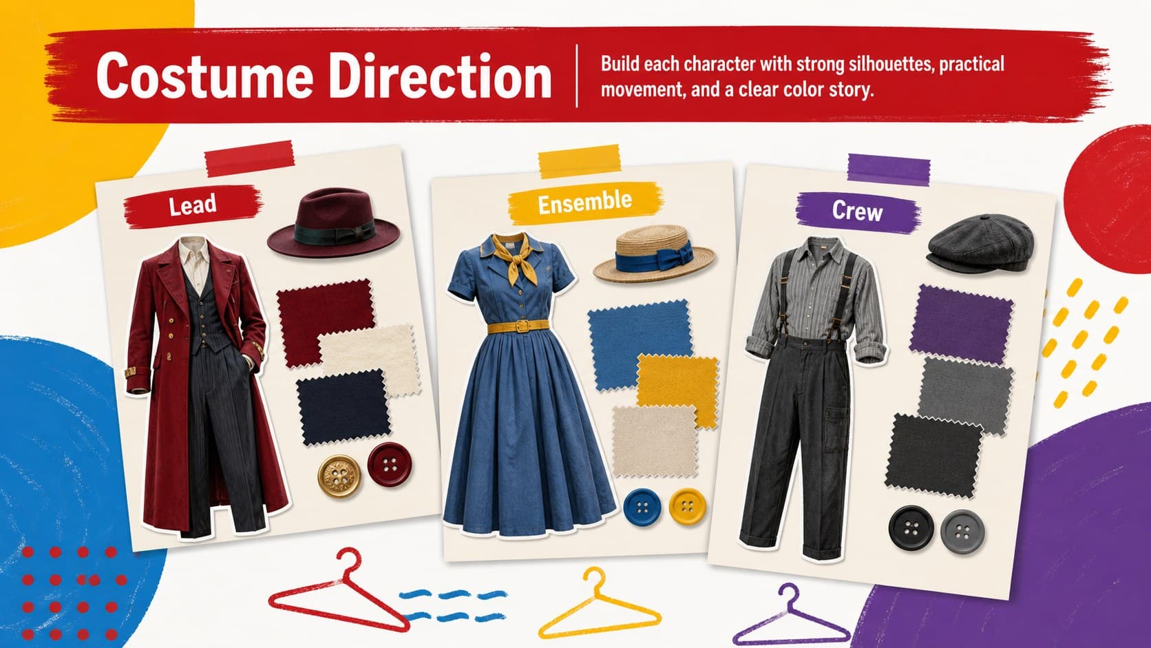 Colorful theater club slides displaying costume ideas with fabric swatches and character notes.