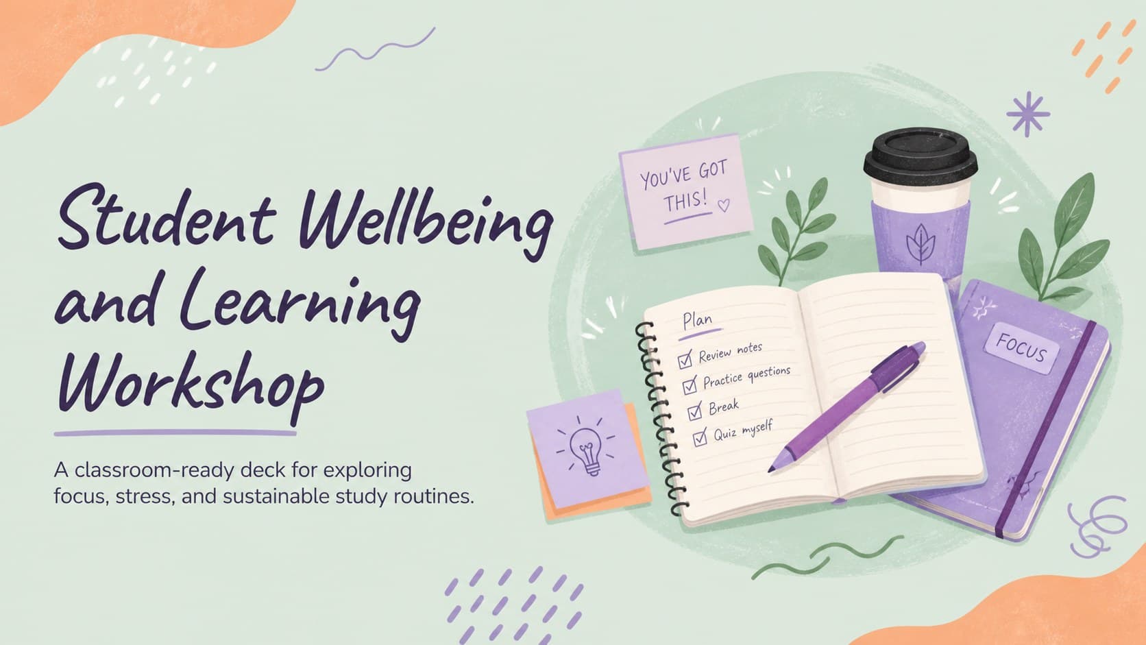 Cover for a Student Wellbeing and Learning Workshop with cheerful pastel illustrations for secondary students.