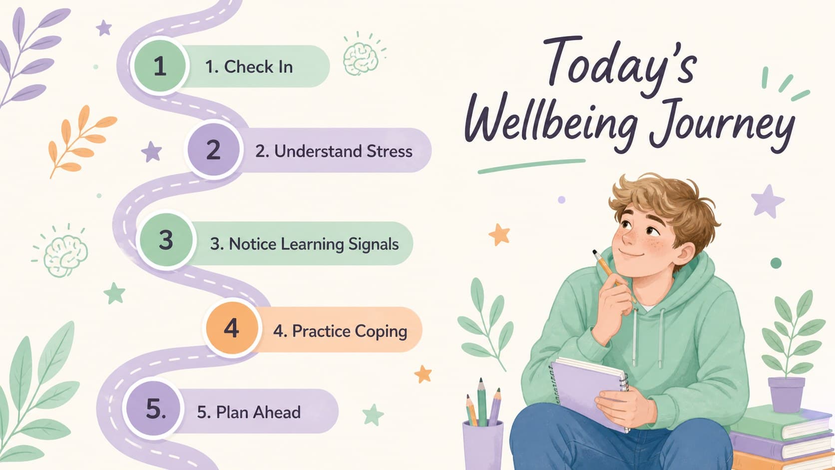 Student wellbeing classroom presentation agenda covering emotions, stress, focus, coping, and reflection.