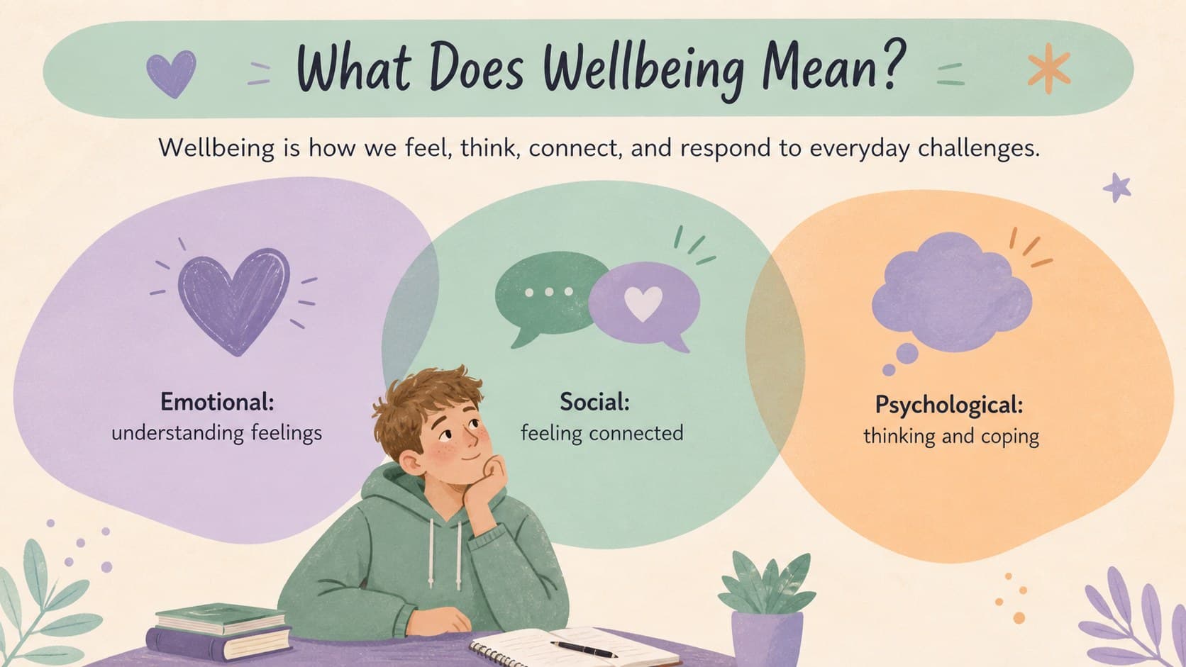 Illustrated mental wellbeing lesson slide defining emotional, social, and psychological wellbeing.