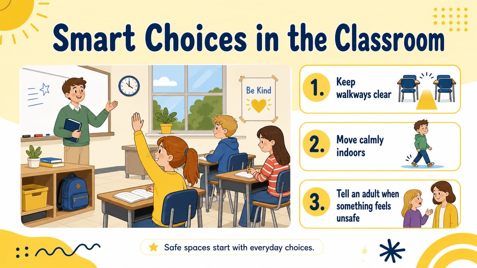 Illustrated classroom safety rules poster showing clear reminders for tidy spaces, careful movement, and asking an adult for help.
