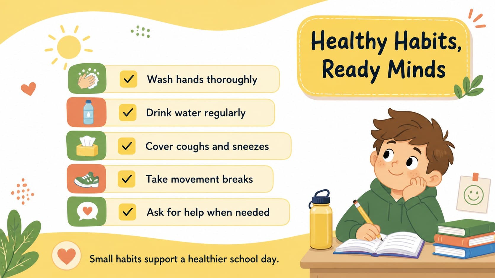 Yellow student wellness checklist slide with illustrated reminders for handwashing, hydration, fresh air, rest, and requesting help.