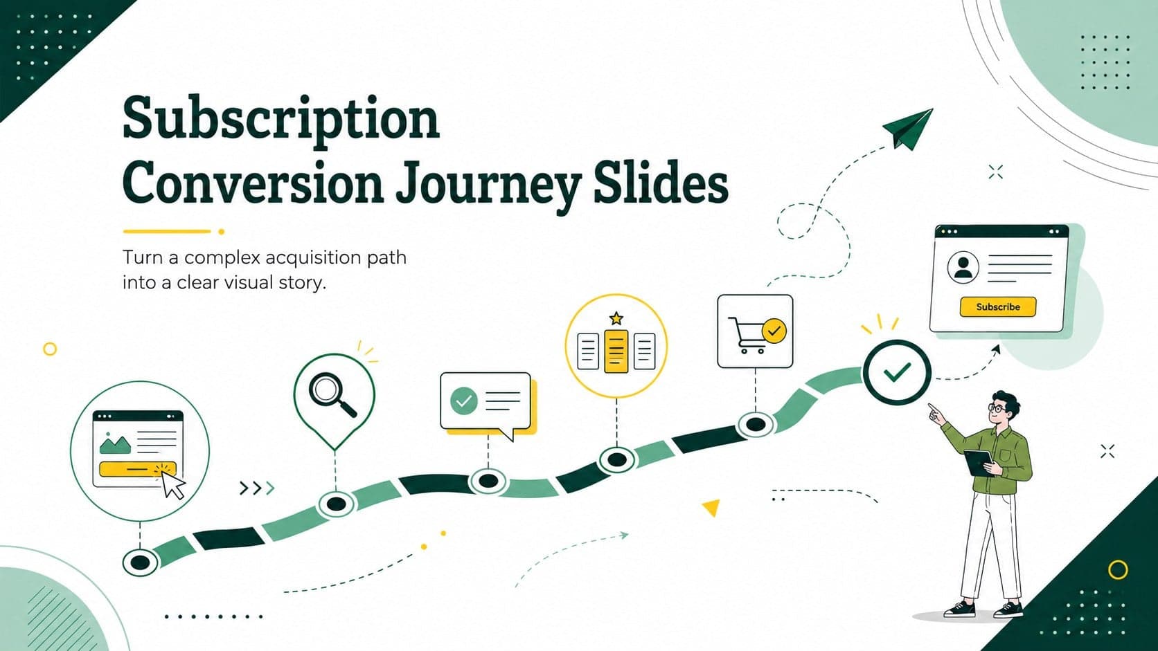 Cover for Subscription Conversion Journey Slides with a green, white, and yellow SaaS pipeline illustration.