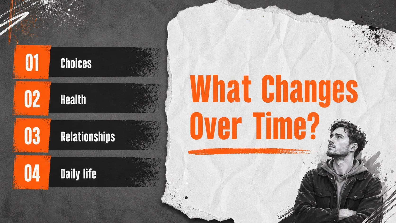 Agenda slide outlining choices, health, relationships, and daily life for a substance awareness presentation.